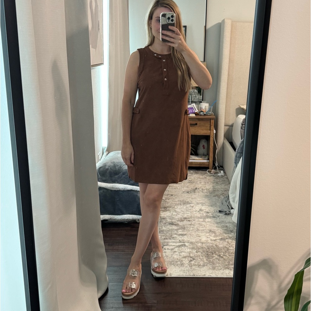 State Sleeveless Brown Faux Suede Henley Dress - Picture 2 of 10